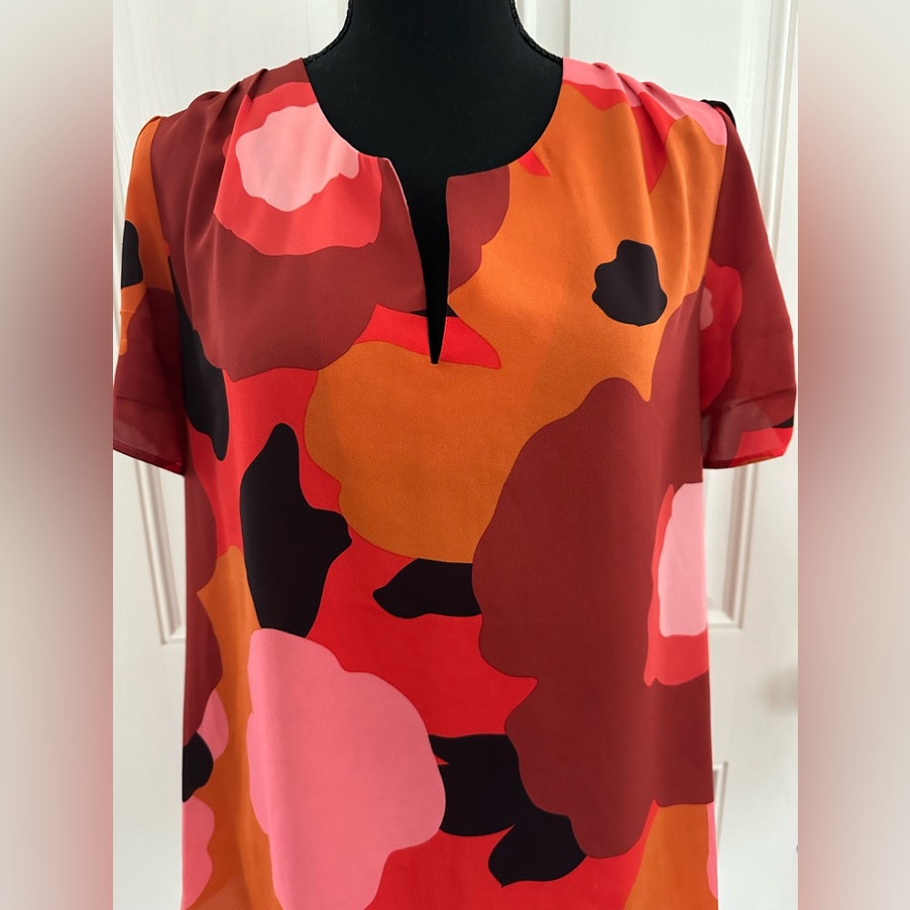 DR2 Mod Floral Short Sleeve Blouse in Coral & Pink Tones, L